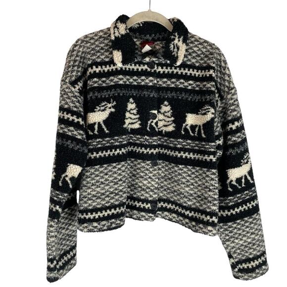 Vintage Palmettos black cream reindeer Christmas tree fleece button front jacket - Picture 1 of 8